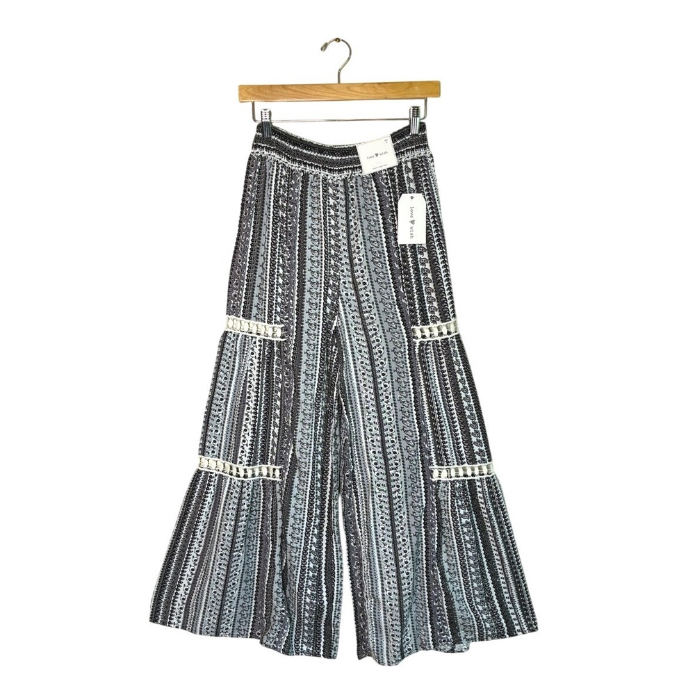New LOVE WISH S Wide Leg Palazzo Pants Black White Tribal Geometric Print Boho